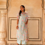 Powder Blue Floral Print Cotton Kurta Set
