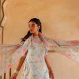 Powder Blue Floral Print Cotton Kurta Set