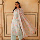 Powder Blue Floral Print Cotton Kurta Set