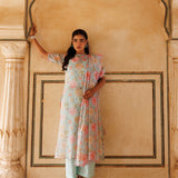 Powder Blue Floral Print Cotton Kurta Set