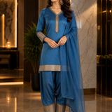 Peacock Blue Organza Kurti With Brocade Border
