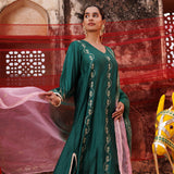 Emerald Green Chanderi Salwar Set With Ombre Dupatta