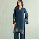 Midnight Blue Floral Border Kurti
