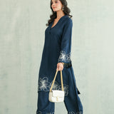 Midnight Blue Floral Border Kurti