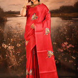 Bright Red Checkered With Scattered Parrot Motif Designer Saree