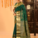 Bottle Green With Gold Zari Temple Elephant Border On Kanjivaram Silk Saree