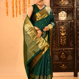 Bottle Green With Gold Zari Temple Elephant Border On Kanjivaram Silk Saree