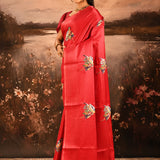 Bright Red Checkered With Scattered Parrot Motif Designer Saree