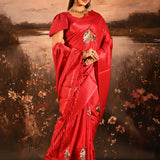 Bright Red Checkered With Scattered Parrot Motif Designer Saree