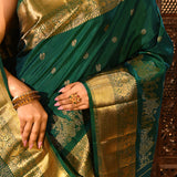 Bottle Green With Gold Zari Temple Elephant Border On Kanjivaram Silk Saree