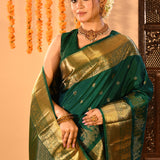 Bottle Green With Gold Zari Temple Elephant Border On Kanjivaram Silk Saree