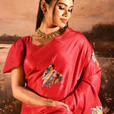 Bright Red Checkered With Scattered Parrot Motif Designer Saree