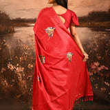 Bright Red Checkered With Scattered Parrot Motif Designer Saree