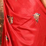 Bright Red Checkered With Scattered Parrot Motif Designer Saree