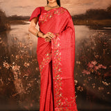 Crimson Red With Checks And Floral, Birds Motif Border Designer Saree