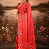 Crimson Red With Checks And Floral, Birds Motif Border Designer Saree