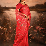 Crimson Red With Checks And Floral, Birds Motif Border Designer Saree