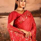 Crimson Red With Checks And Floral, Birds Motif Border Designer Saree