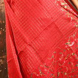 Crimson Red With Checks And Floral, Birds Motif Border Designer Saree