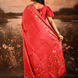 Crimson Red With Checks And Floral, Birds Motif Border Designer Saree