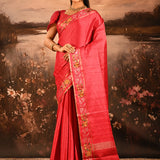 Coral Red Dotted Weave With Rose And Leaf Motif Border Designer Saree