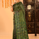 Forest Green Kanchipuram Silk Saree With Butti Anf Floral Meenakari Border