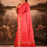 Coral Red Dotted Weave With Rose And Leaf Motif Border Designer Saree