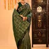 Forest Green Kanchipuram Silk Saree With Butti Anf Floral Meenakari Border