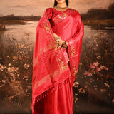 Coral Red Dotted Weave With Rose And Leaf Motif Border Designer Saree