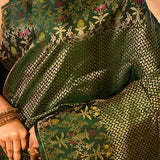 Forest Green Kanchipuram Silk Saree With Butti Anf Floral Meenakari Border