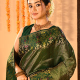 Forest Green Kanchipuram Silk Saree With Butti Anf Floral Meenakari Border