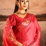 Coral Red Dotted Weave With Rose And Leaf Motif Border Designer Saree