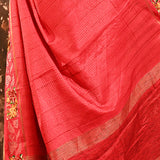 Coral Red Dotted Weave With Rose And Leaf Motif Border Designer Saree