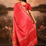 Coral Red Dotted Weave With Rose And Leaf Motif Border Designer Saree