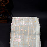Sage Green Checkered Organza Saree With Hand-Embroidered Floral Motifs