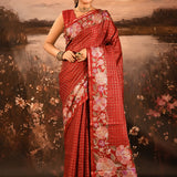 Deep Red Checkered With Multicolor Floral Motif Border Designer Saree