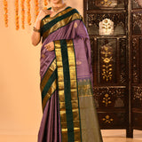 Classic Lavender And Emerald Green With Checks And Butti On Kanjivaram Silk Saree