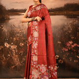 Deep Red Checkered With Multicolor Floral Motif Border Designer Saree