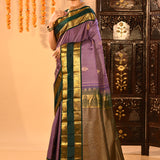 Classic Lavender And Emerald Green With Checks And Butti On Kanjivaram Silk Saree