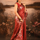 Deep Red Checkered With Multicolor Floral Motif Border Designer Saree