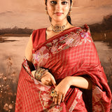 Deep Red Checkered With Multicolor Floral Motif Border Designer Saree