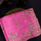 Pink Silk Saree With Sequin Embroidered Deer Shikargah Border