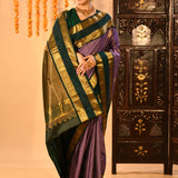 Classic Lavender And Emerald Green With Checks And Butti On Kanjivaram Silk Saree