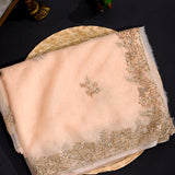 Peach Kanjivaram Organza Saree With Gold Sequin Floral Jaal Embroidered Border