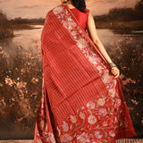 Deep Red Checkered With Multicolor Floral Motif Border Designer Saree