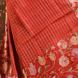 Deep Red Checkered With Multicolor Floral Motif Border Designer Saree