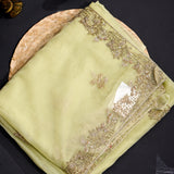 Pista Green Kanjivaram Organza Saree With Gold Sequin Floral Jaal Embroidered Border