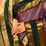 Classic Lavender And Emerald Green With Checks And Butti On Kanjivaram Silk Saree
