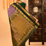 Classic Lavender And Emerald Green With Checks And Butti On Kanjivaram Silk Saree