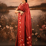 Crimson Red With Striped And Floral Embroidery Border Designer Saree